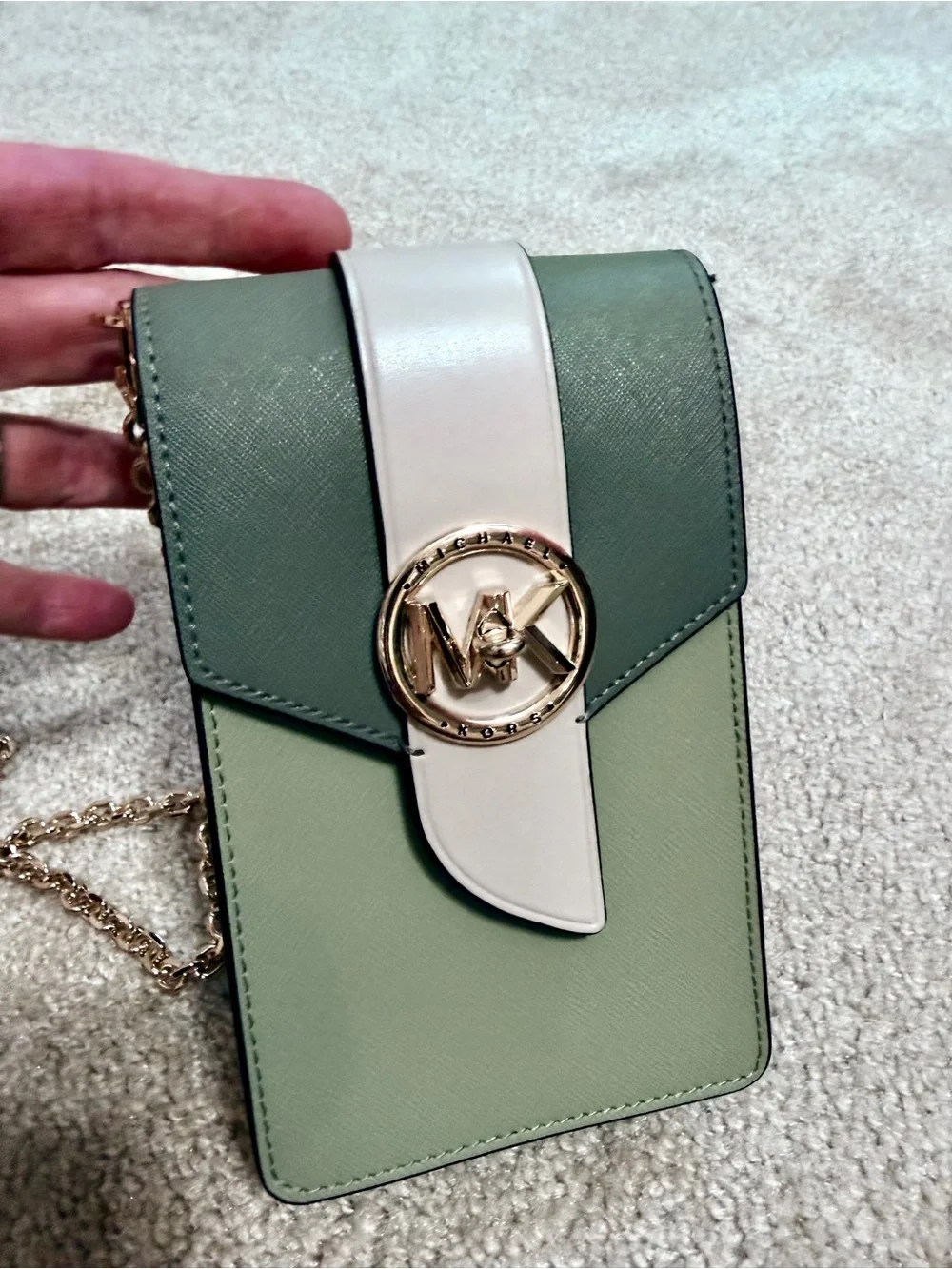 Michael Kors Green & Cream Saffiano Crossbody Phone Bag with Gold MK Logo